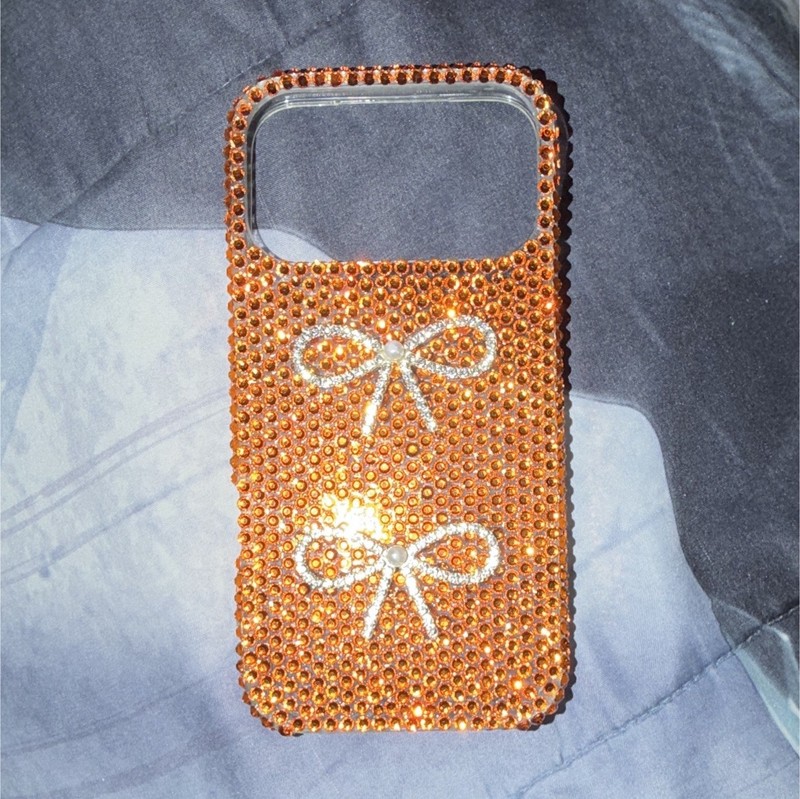 Orange/Clear Rhinestone Glitter Bling Bow Back Phone Case Cover 17 pro max