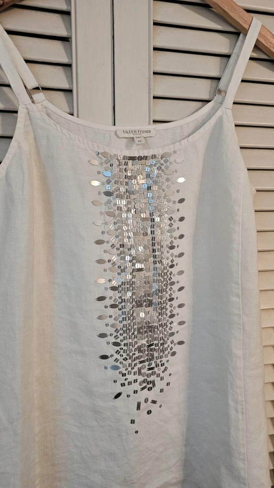 Camiseta sin mangas Eileen Fisher 100 % lino orgánico con cuentas boho crema Lagenlook S Petite  Foto 2 de 4