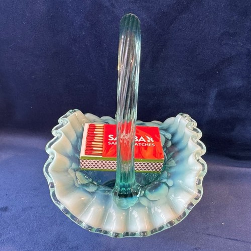 Vintage Fenton Turquoise Cabbage Rose Opalescent Glass Basket Manganese Glow VGC - Picture 9 of 13