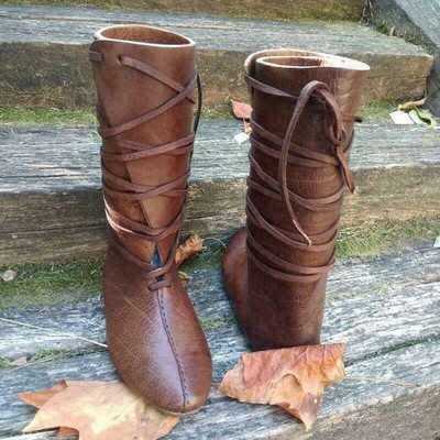 Mens Womens Medieval Retro Boots Leather Lace Up Reenactment Cosplay Stage Boots