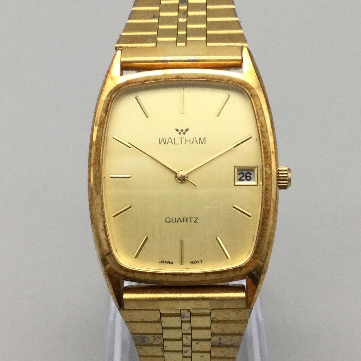 Vintage Waltham Mens Watch 27mm Gold Tone Bracelet Tonneau Date 