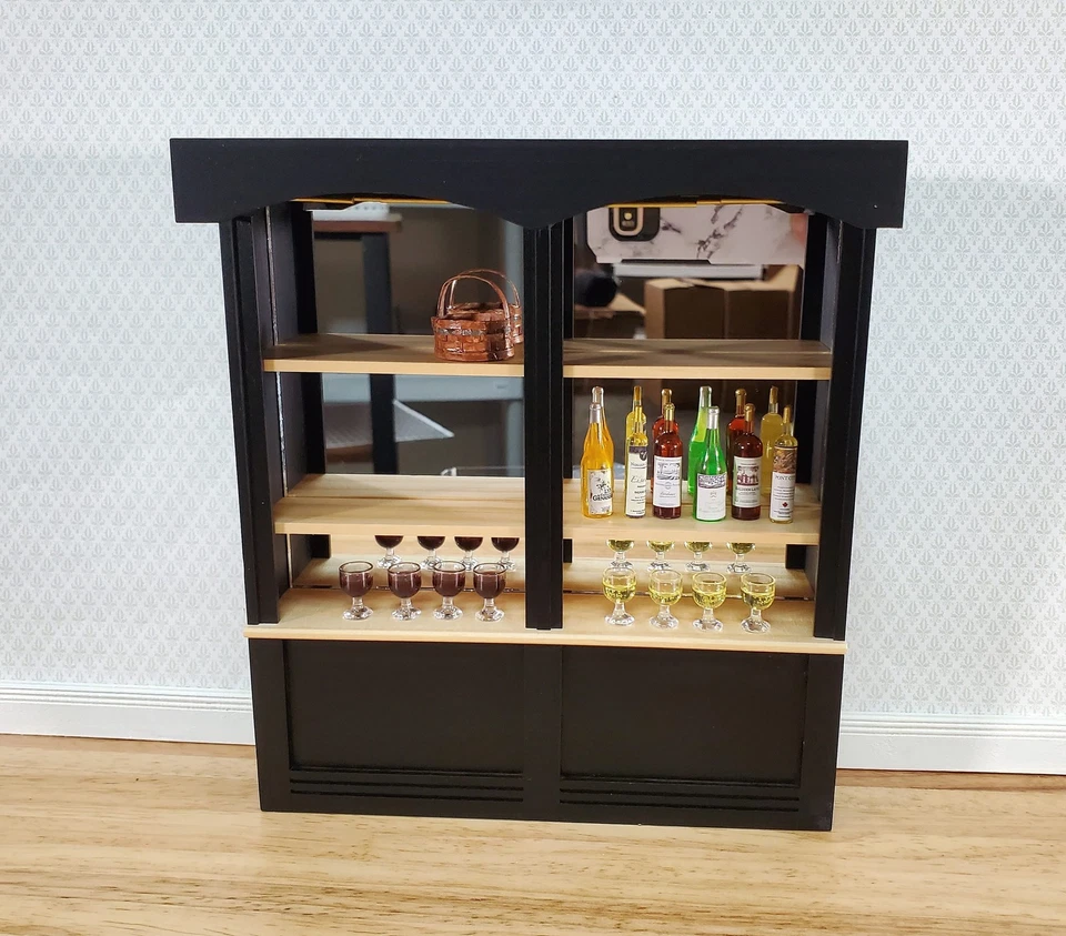 Dollhouse Bar or Shop Shelves Mirrored Back Black & Oak 1:12 Scale Miniature - Image 3 of 4