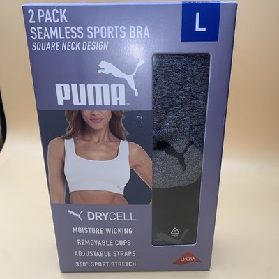New Puma Women's 2 Pack Square Neck Seamless Wicking Sports Bra Black/Gray Large