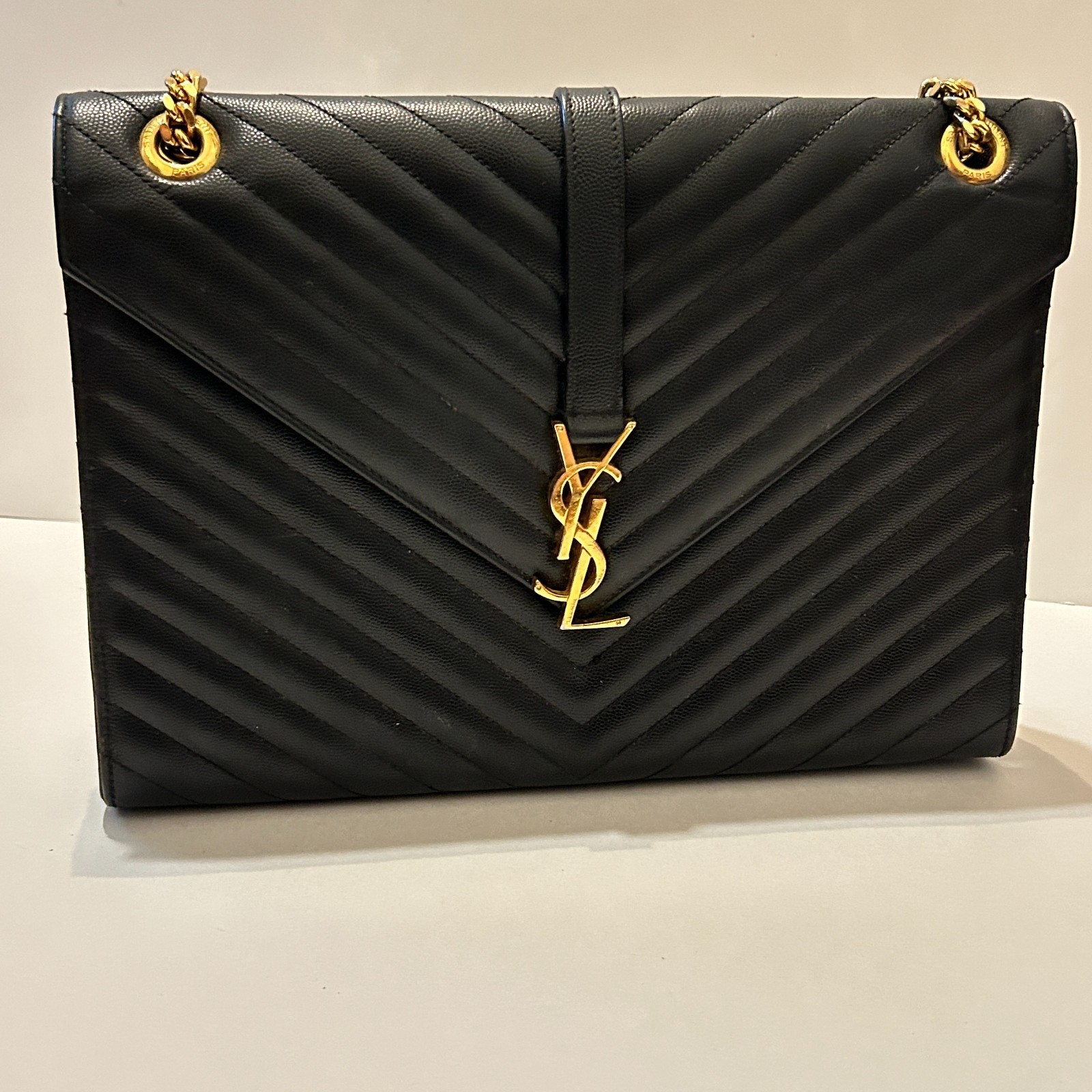 Autentica busta monogramma YSL Saint Laurent borsa con patta Chevron grande catena