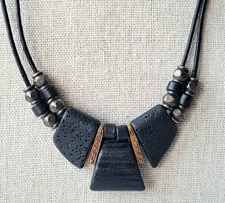 Lava Rock And Brass Accent  Black Geometric Modernist Choker Collar Necklace