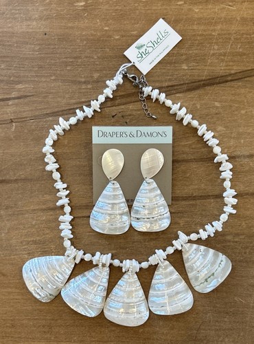 SheShells White Shell Statement Necklace + Earrings Set Beachy Coastal Tropical
