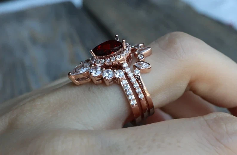 Rose Gold Plated 925 Silver Pear Cut Ruby Vintage Engagement 3Pcs Ring Set - Image 2 of 4