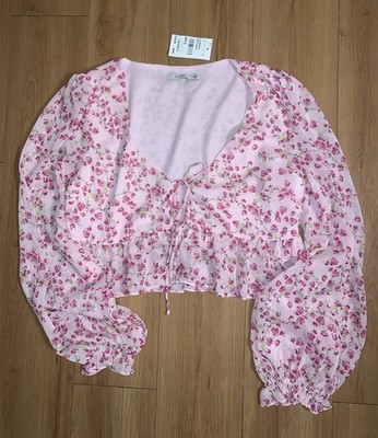 Lush Ladies Pink Floral Long Sleeve Tie Front Blouse Size Medium NWT
