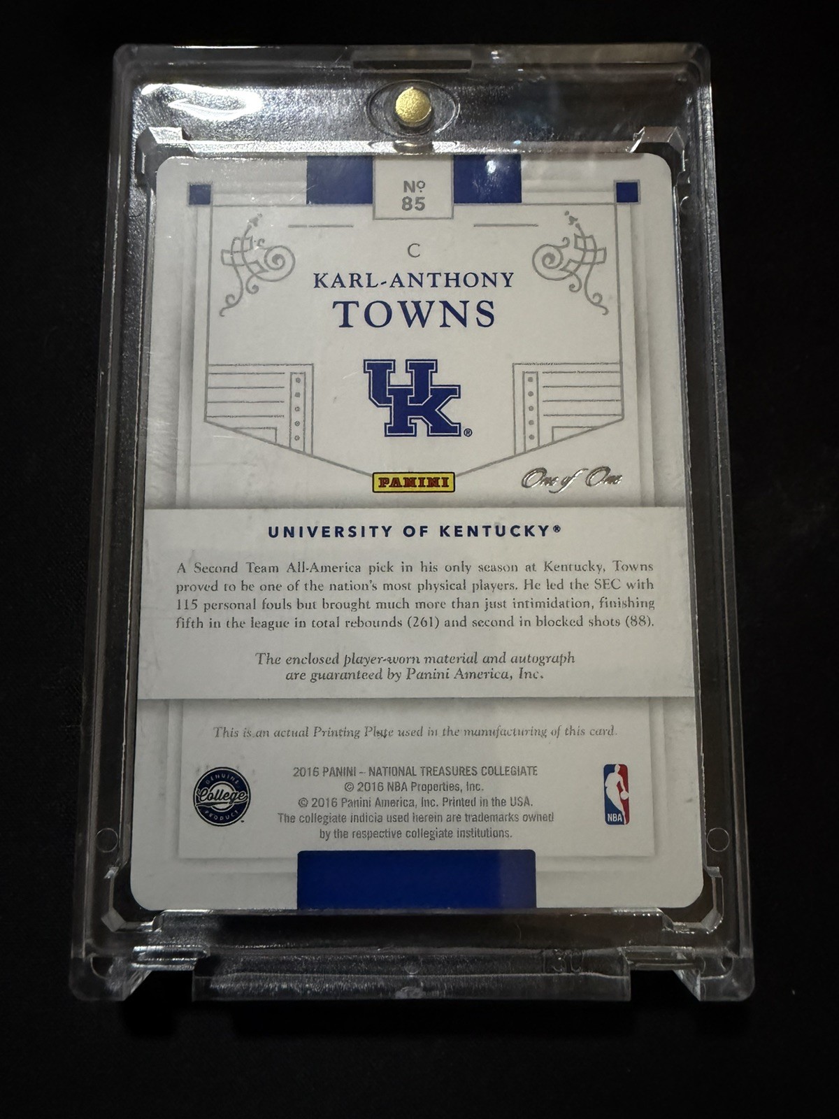 2016 National Treasures Collegiate Karl Anthony Towns 1/1 Print Plate Patch Auto view 3