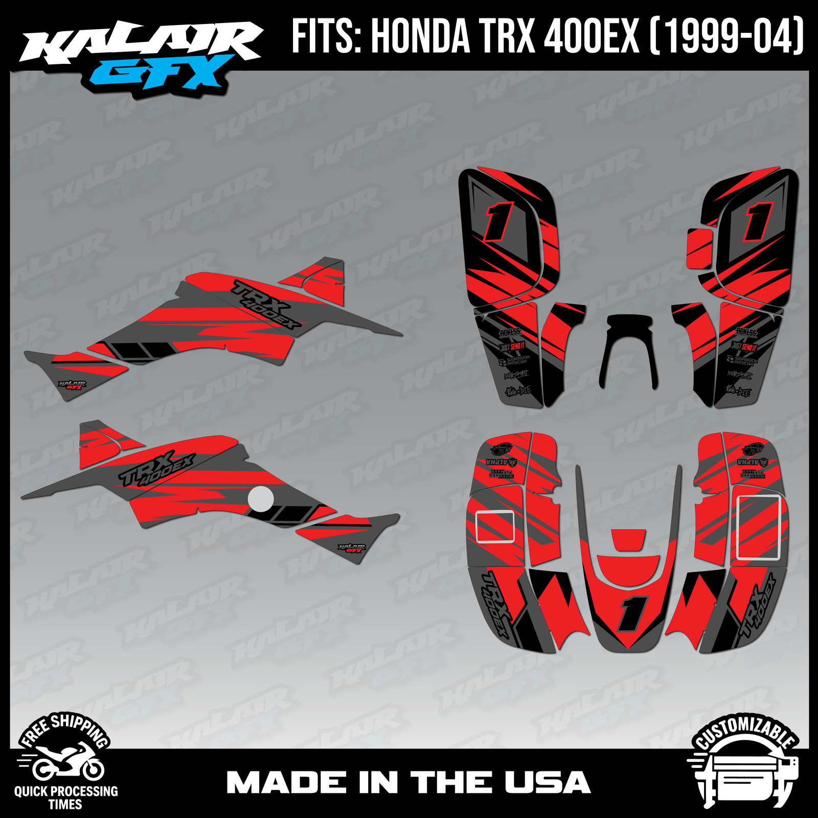 Graphics Kit for ATV Honda TRX 400EX (1999-2004) Blazing Series - RED-SHIFT