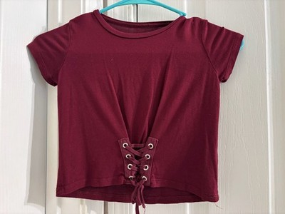 Art Class Girls Maroon Short Sleeve Lace-Up Front Crop Top