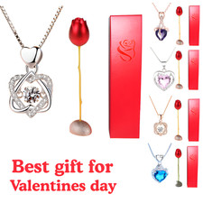 Valentine Heart Crystal Pendant Necklace Blue Purple Rose Gift for Her