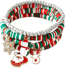 Christmas Gifts for Women,4Pcs Heishi Beaded Charm Bracelets, Bohemian Santa Rei