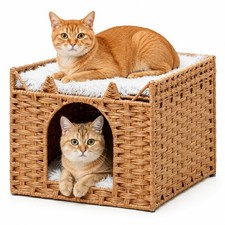 Handwoven PE Rattan Cat Bed with Ears, 2-Level Indoor Cat Cave House with 2 R...