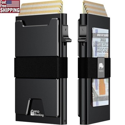 Slim Minimalist Metal Wallet RFID Blocking Card Holder W/ Cash Strap Men