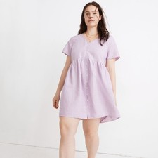 MADEWELL Linen Alexandra Button-Front Mini Dress Vibrant Lilac Purple Sz M {LL5}
