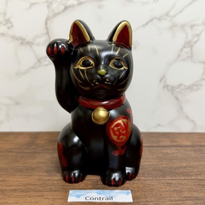 Maneki Neko winkende Glückskatze Seto Ware Keramik rechts 14 cm schwarz Old S...