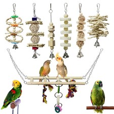 7 Pack Bird Parrot Toys Natural Wood Chewing Climbing Hanging  Hammock Toys For
