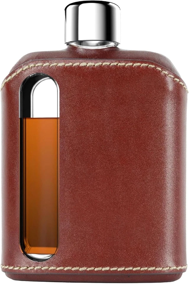 Juego de regalo frasco de cadera de vidrio - funda de cuero, doble disparo 8 oz Foto 3 de 4