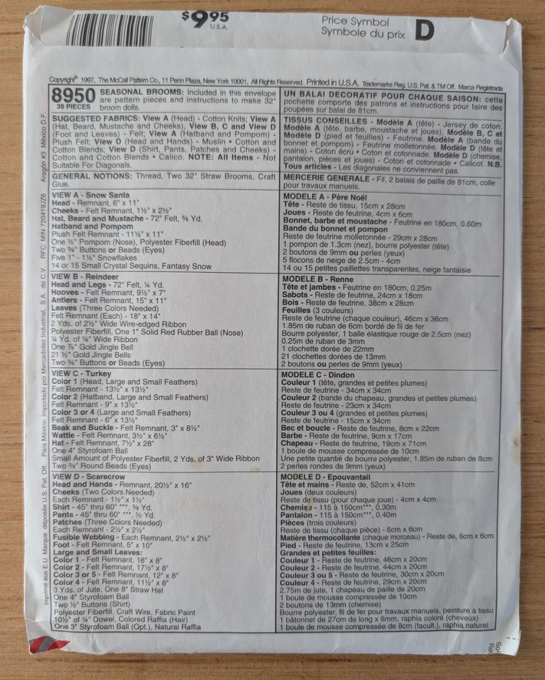 McCall's Crafts 8950 Holiday Broom Santa Turkey Pattern One Size Uncut - Image 2 of 2