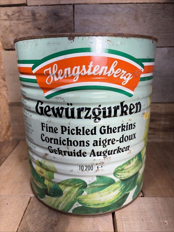 Vintage Large Tin Can Hengstenberg Fine Pickled Gherkins 21 Lb 18 Pint Germany