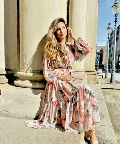 H&M Pink Beige Floral Peony Print Maxi Long Floaty Chiffon Dress Size M 12  14 16