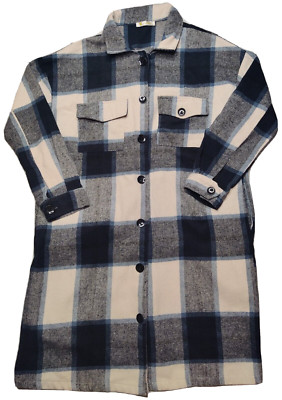 KIRUNDO Flannel Shacket Coat Women Size Medium Black Blue Plaid 100% Cotton