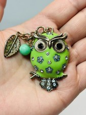 OWL Pendant Amulet Key Chain Charm Green Enamel Rhinestone Bronze-tone Metal