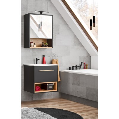 Bad Waschplatz Spiegelschrank Waschtisch Waschbecken anthrazit Eiche Badmöbel