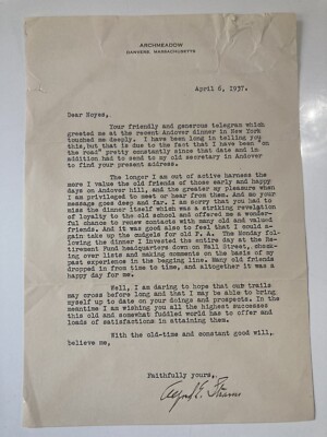 Alfred E. Stearns SIGNED 1937 Letter 9th Principal Phillips Academy, Andover, MA