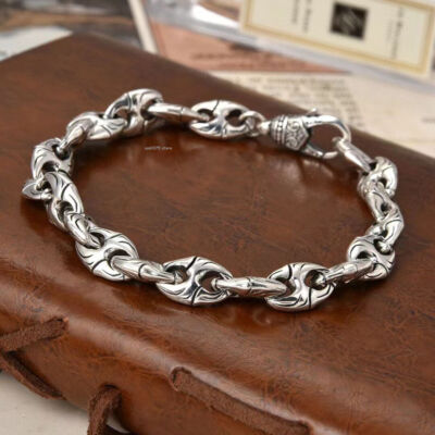 Real 925 Sterling Silver Bracelet Women Men 9mm Carved Anchor