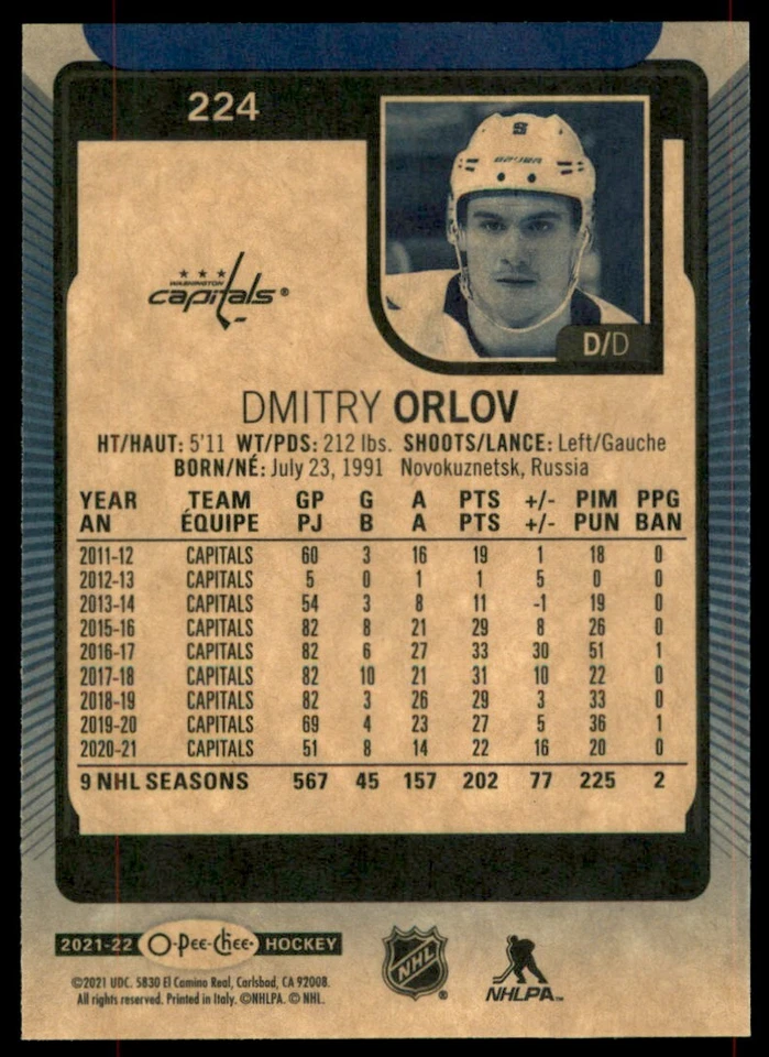 2021-22 O-Pee-Chee Blue Border Dmitry Orlov #224 - Image 2 of 2