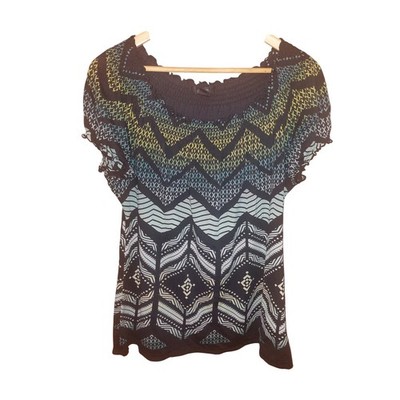 Style & Co Womens XL Blue Green Chevron Tribal Print Smocked Scoop Neck Blouse