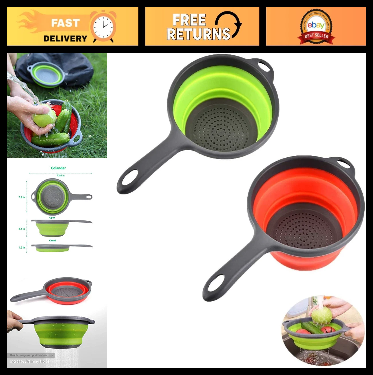 2 Pack Collapsible Silicone Strainers with Handles - Space-Saving Colanders for