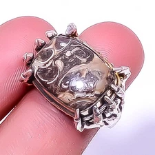 Designer - Turritella Fossil Agate Silver Plated Bali Ring s.7 A333