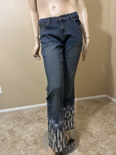 Women’s Blue Cotton Denim Casual Stretch Slim Flared Zipper Size S Pants 211