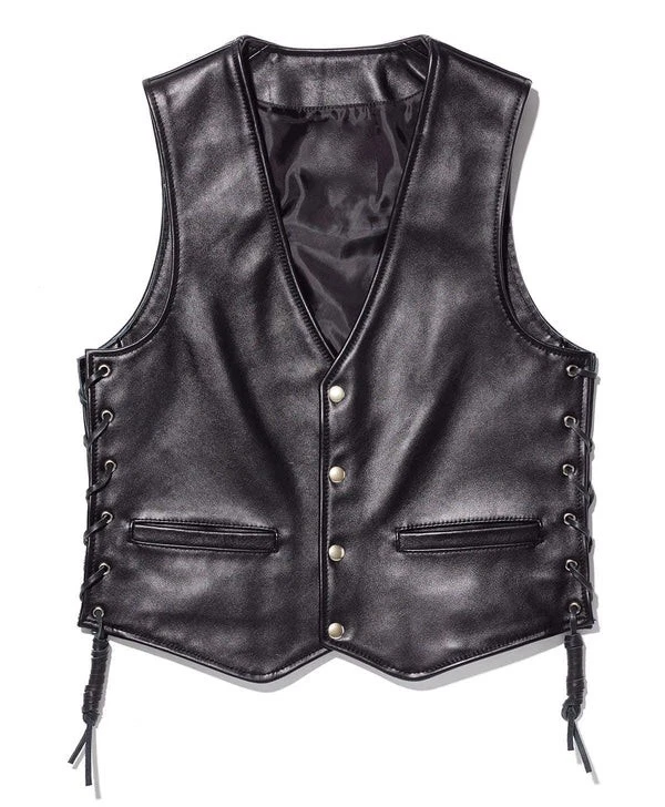 Men's Real Genuine Button Down Collarless Classic Black Leather Vest W/ Pockets