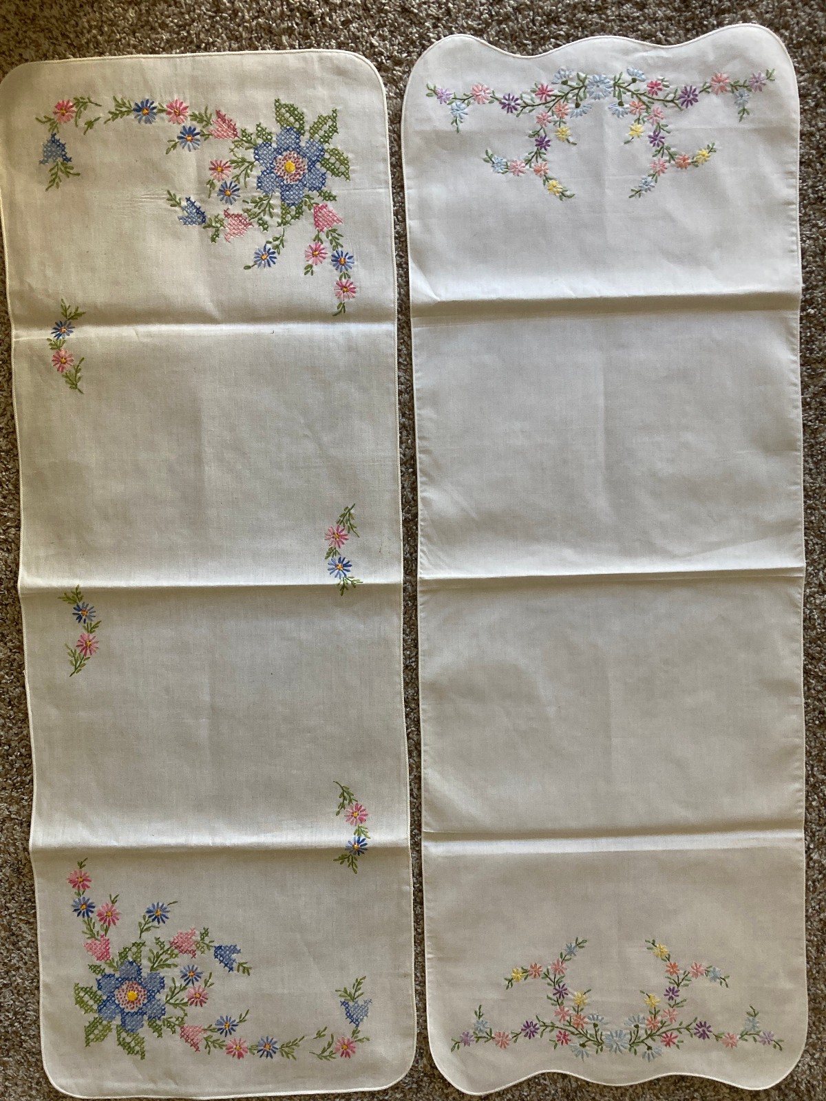 Two Vintage table runners or dresser scarves, 37 x 13, one with small bright flo