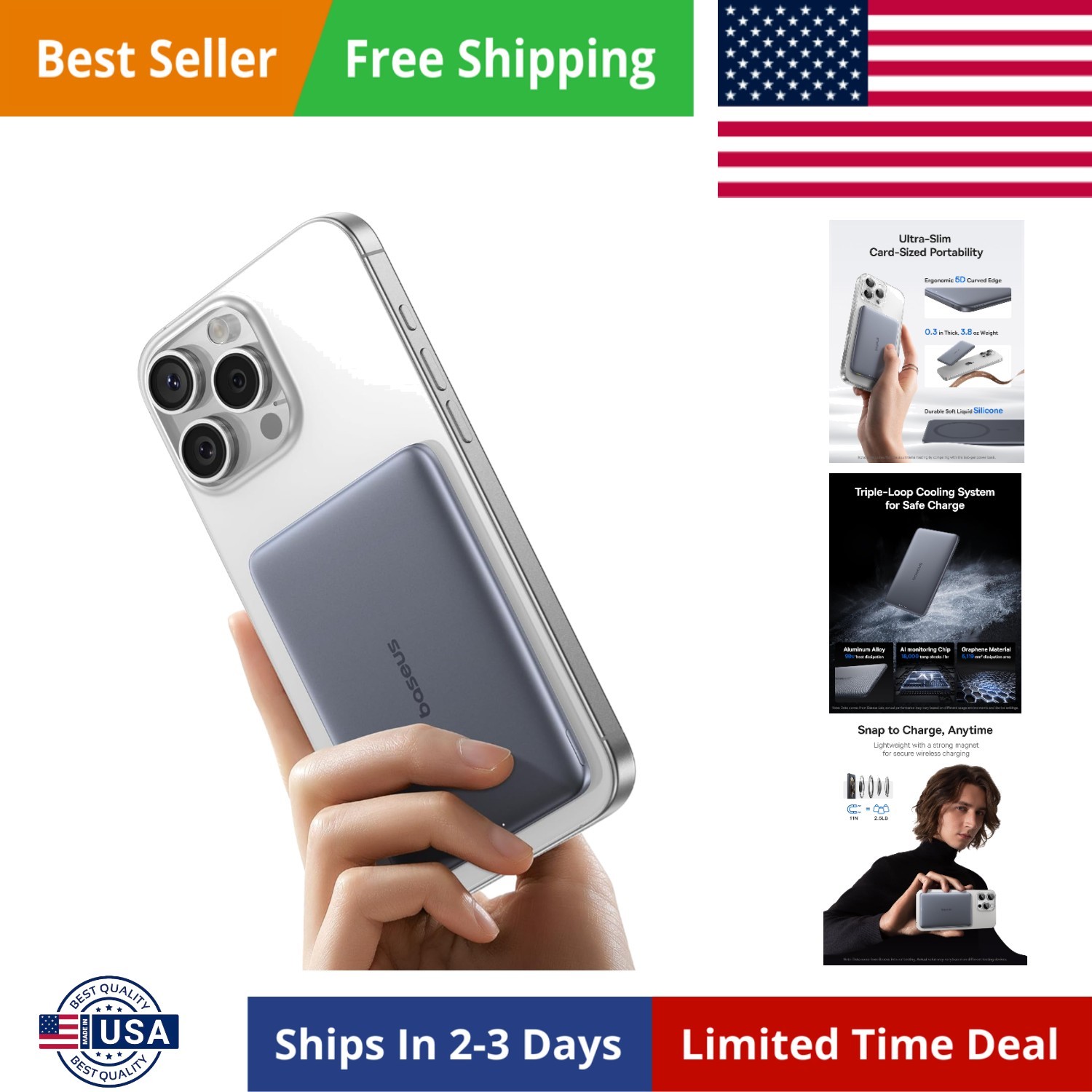 Baseus Picogo Power Bank, 0.3" Ultra Slim 5000mAh MagSafe Portable Charger wi