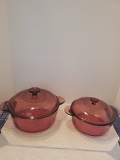 Vtg Corning Pyrex Visions Cranberry Casserole Set 1156 & 1148 W/lids Vert Ribbed