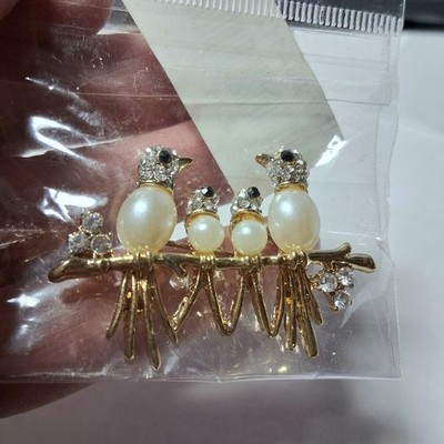 Bird Family on Branch Brooch Pin Jellybelly Rhinestones Faux Pearls Goldtone