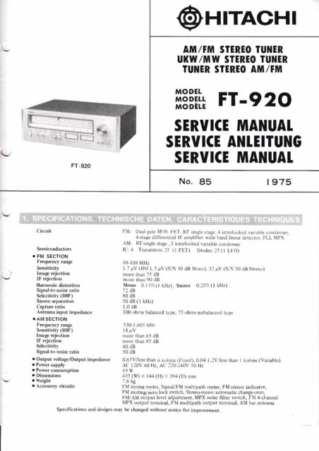 Service Manual Instructions for hitachi FT-920