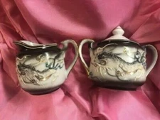 Vintage Japanese Moriage Porcelain Grey Dragon Cream and Sugar Set.
