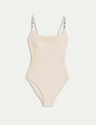 NEU Marken-Badeanzug Beige Weiß 38 Marks & Spencer  figurschmeichelnder Effekt