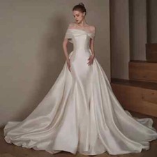 High Quality Satin Off The Shoulder Wedding Dresses Backless Bows Bridal Gowns-