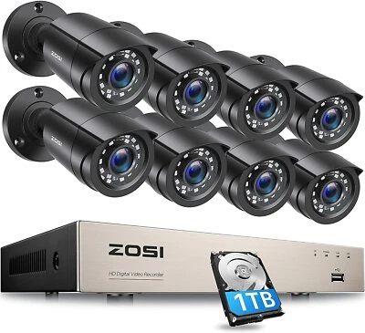 ZOSI 8CH H.265+ DVR 1080P Caméra de Surveillance Extérieure IR 20m Disque dur 1T