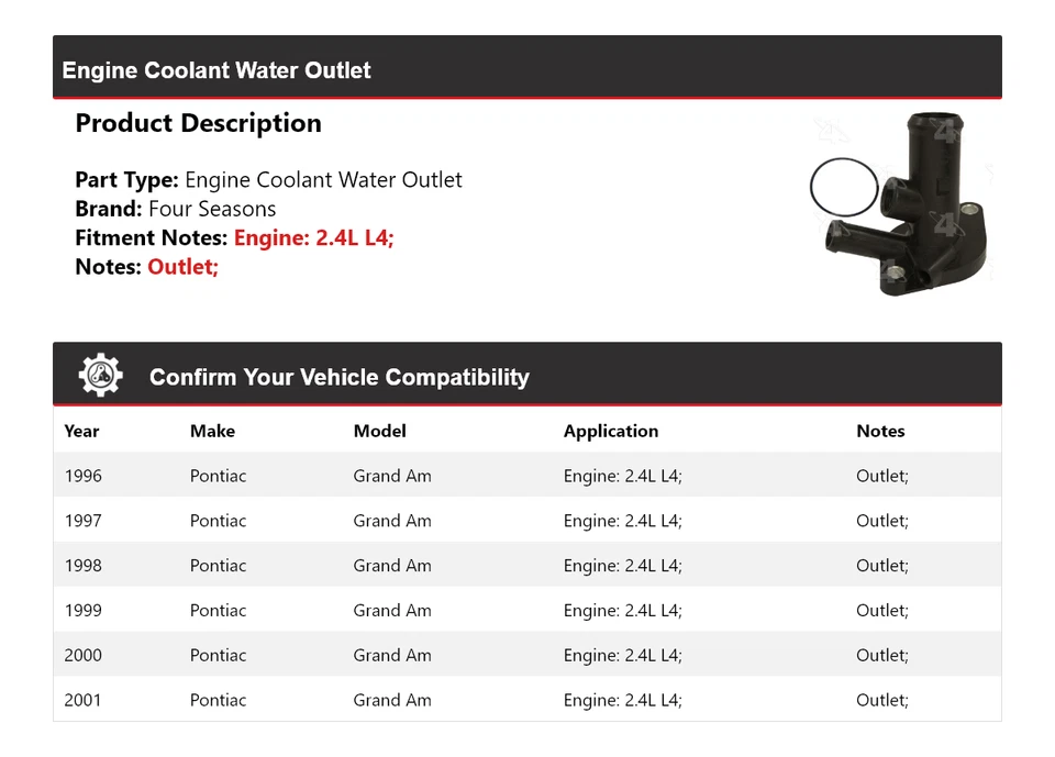 Para Pontiac Grand Am 1996-2001 2,4 L motor L4 salida de agua refrigerante 4 estaciones Foto 2 de 4