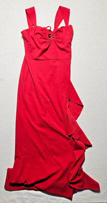 VFSHOW  Red Formal Prom  Strap Ruched U Neck Ruffle Evening Gown Slit Womens S