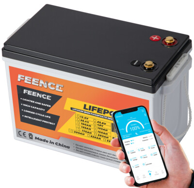 FEENCE Bluetooth 12V 300Ah LiFePO4 Batterie, 200A BMS für RV, Solar, Marine