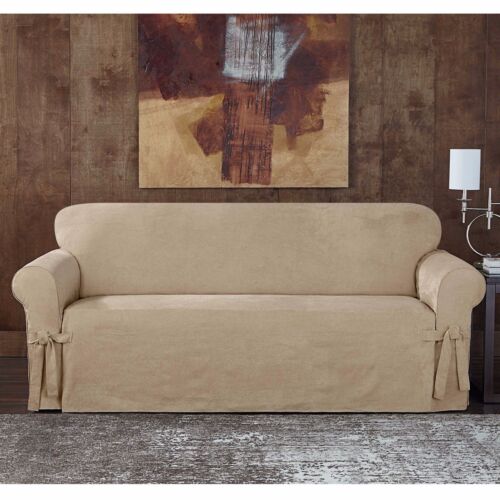 Sueded suede twill slipcover by sure fit Loveseat TAUPE slip cover washable F - Picture 1 of 1